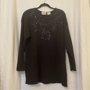 Vintage 90s Kathie Lee Beaded cotton/ramie Sweater pull over sequins Black Large